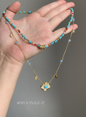 新中式蓝色仿绿松石项链小众复古串珠双层叠戴锁骨链卫衣链颈链女