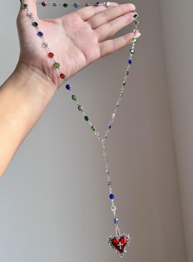 高级感彩色锆石红色爱心吊坠项链女小众设计高级感Y型锁骨链颈链