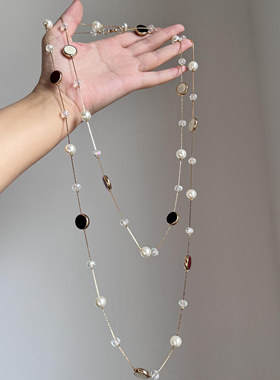 老钱风~中古叠戴双层金属珍珠项链女复古高级感长锁骨链颈部配饰