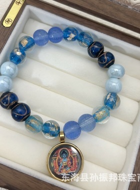 新款香灰琉璃金箔景泰蓝绿度母黄财神小唐卡手链男女礼物直播