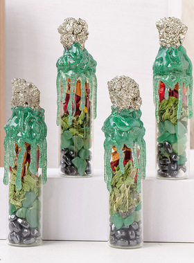 天然水晶原石黄铜矿许愿瓶摆件水晶碎石魔法漂流瓶能量瓶摆件