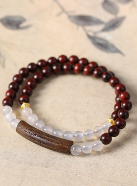 绿檀/小叶紫檀/金丝檀DIY灰玛瑙双圈手串新中式五条经手牌男女链