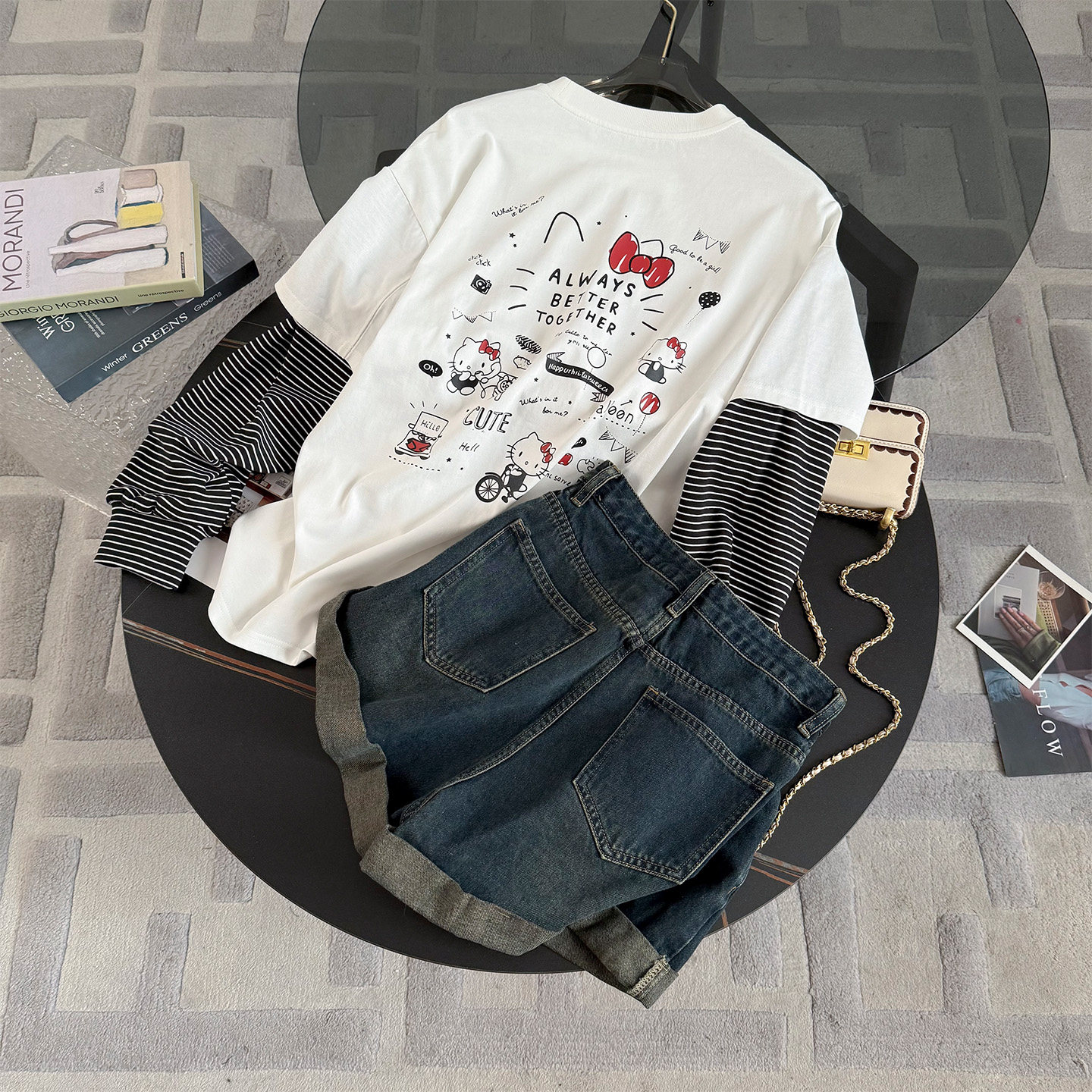 休闲运动套装女早秋新款圆领卡通印花条纹拼接上衣牛仔短裤两件套,淘宝优惠券,粉丝福利购,淘宝优惠卷