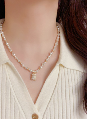 秋冬新款锆石小熊珍珠锁骨链