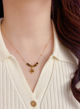 复古美拉德串珠虎眼石太阳花项链