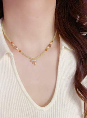 夏季绿色猫眼石珠串珠蝴蝶结项链