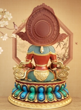 藏式全铜彩绘23厘米长寿佛精工细作黄铜佛像摆件佛堂寺庙桌面车载