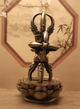 藏传纯铜五股金刚杵十字金刚杵带莲花底座家居摆件佛堂寺庙供具