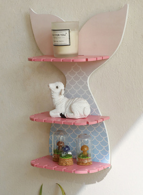 跨境木质彩色鱼尾样式水晶墙壁置物架简约家居卧室装饰