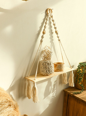 波米西亚手工编织流苏木珠花盆置物架 简约民宿客厅家居墙壁挂件