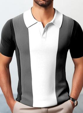 绿色条纹针织衫翻领短袖P