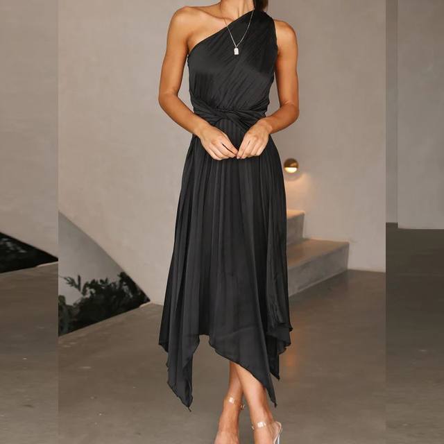 European and American temperament cocktail party slant collar one-shoulder party dress irregular sleeveless waist pleated satin long skirt for women