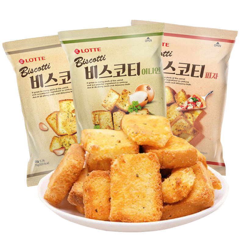乐天蒜香面包干70g*9袋零食酥脆法式烘烤干营养葱香馍片韩国进口