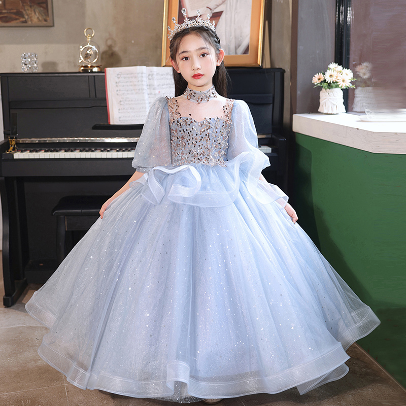 女童十岁生日公主裙蓝色花童礼服儿童小主持人高定钢琴演出服夏季