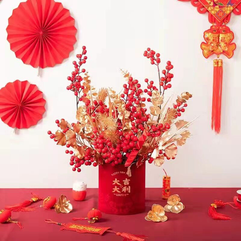 新年福桶插花红色送礼过年diy材料盆栽挂件摆件银柳年宵花抱抱桶_虎窝淘
