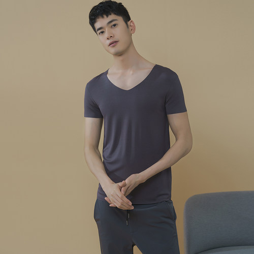 莫代尔t恤男士夏季潮纯色短袖v领简约无痕上衣宽松型汗衫体恤 - 图1