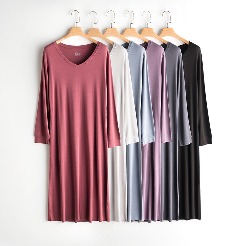 思篇旗舰店莫代尔睡衣女士长袖睡裙春秋薄款连体孕妇长款家居服连衣裙可外穿1