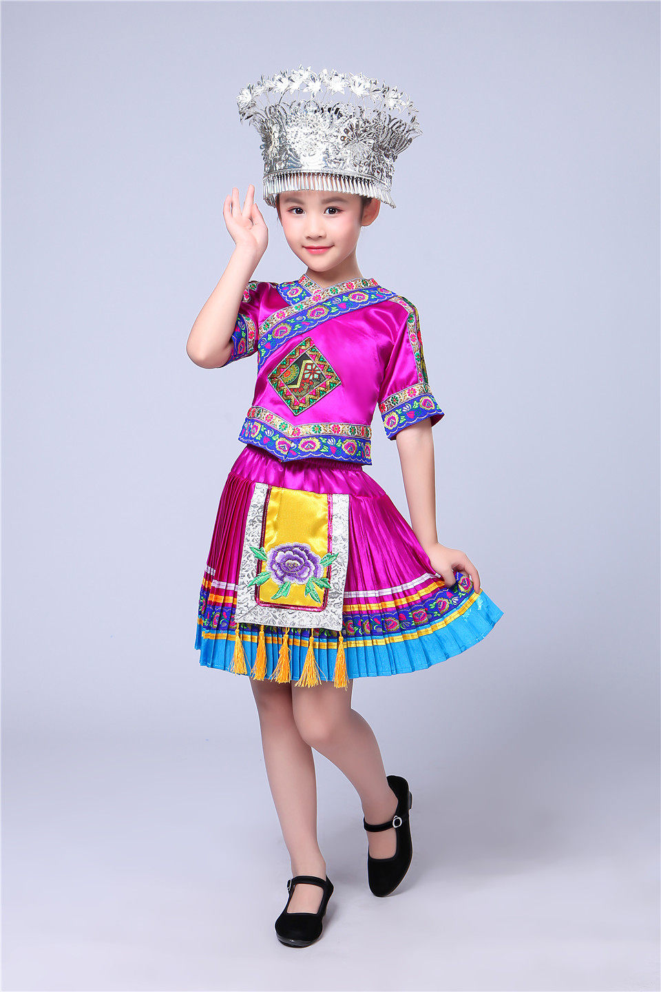 儿童苗族男少数民族服装女童演出服 纳澜彩民族服装/舞台装