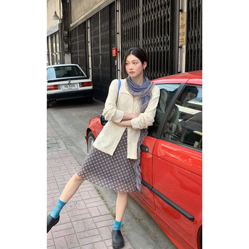 Hellooo Eat retro plaid skirt 2024 early spring Korean version new mesh bow mid skirt for women