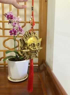 铜睚眦狮咬剑摆件挂件铜狮子玄学虎头牌兽头八角狮头玄关摆件门厅