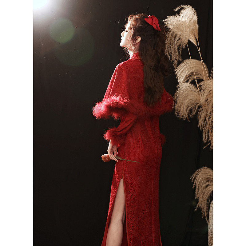 敬酒服新娘气质加绒加厚长袖披肩 珑莉旗袍