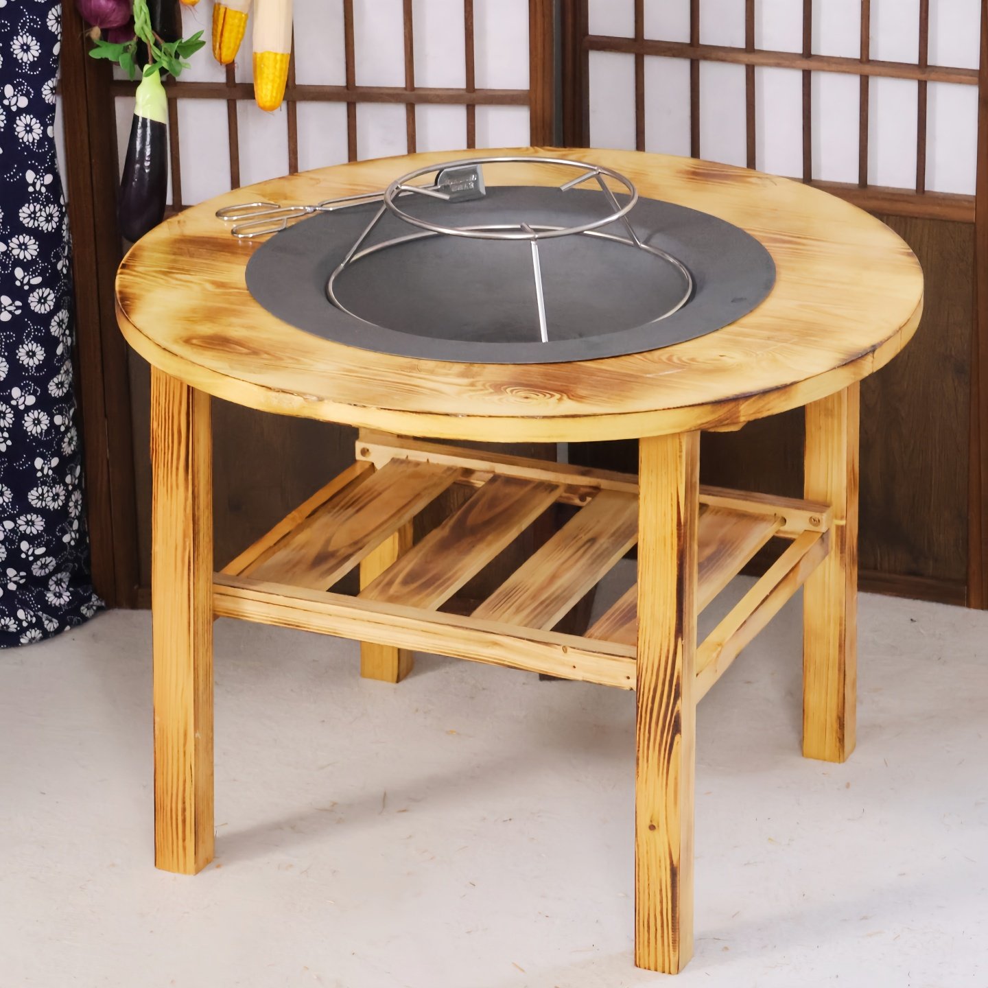 围炉煮茶实木圆桌农村老式铸铁烤火盆户外家用取暖木炭火盆烧烤架,淘宝优惠券,粉丝福利购,淘宝优惠卷