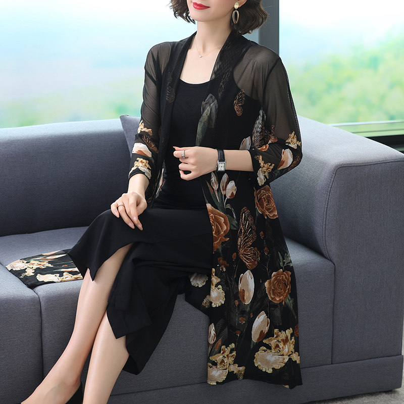 夏季复古印花网纱外搭中长款空调衫 姿必美蕾丝衫/雪纺衫