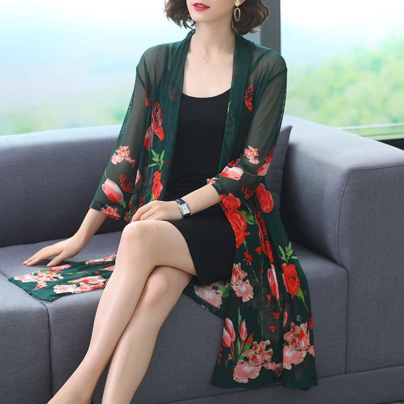 夏季复古印花网纱外搭中长款空调衫 姿必美蕾丝衫/雪纺衫