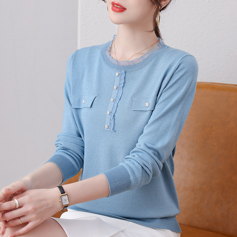 蕾丝领女秋装2021新款薄款针织衫 姿必美毛针织衫