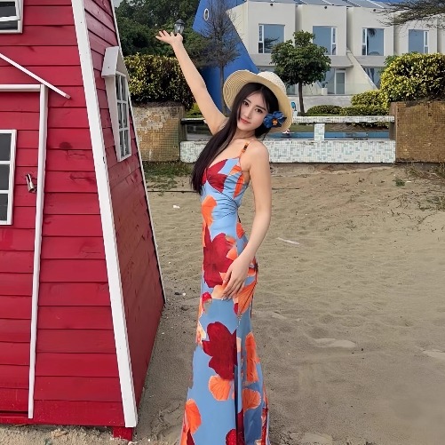 多巴胺绝美印花度假风连衣裙女2025新款性感海岛吊带裙露背绑带裙 - 图3