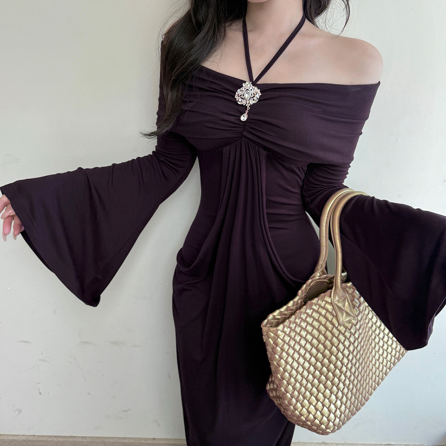 INSTUNNING缪思女神紫色抹胸连衣裙女一字肩设计感网纱包臀鱼尾裙,淘宝优惠券,粉丝福利购,淘宝优惠卷