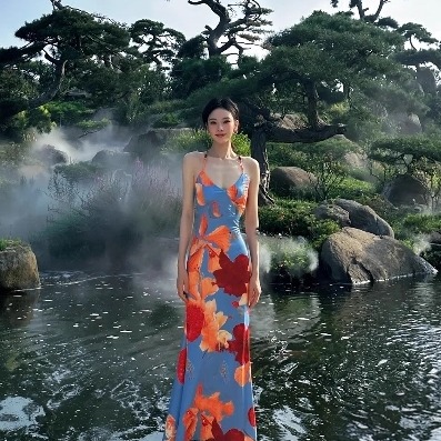 多巴胺绝美印花度假风连衣裙女2025新款性感海岛吊带裙露背绑带裙 - 图0