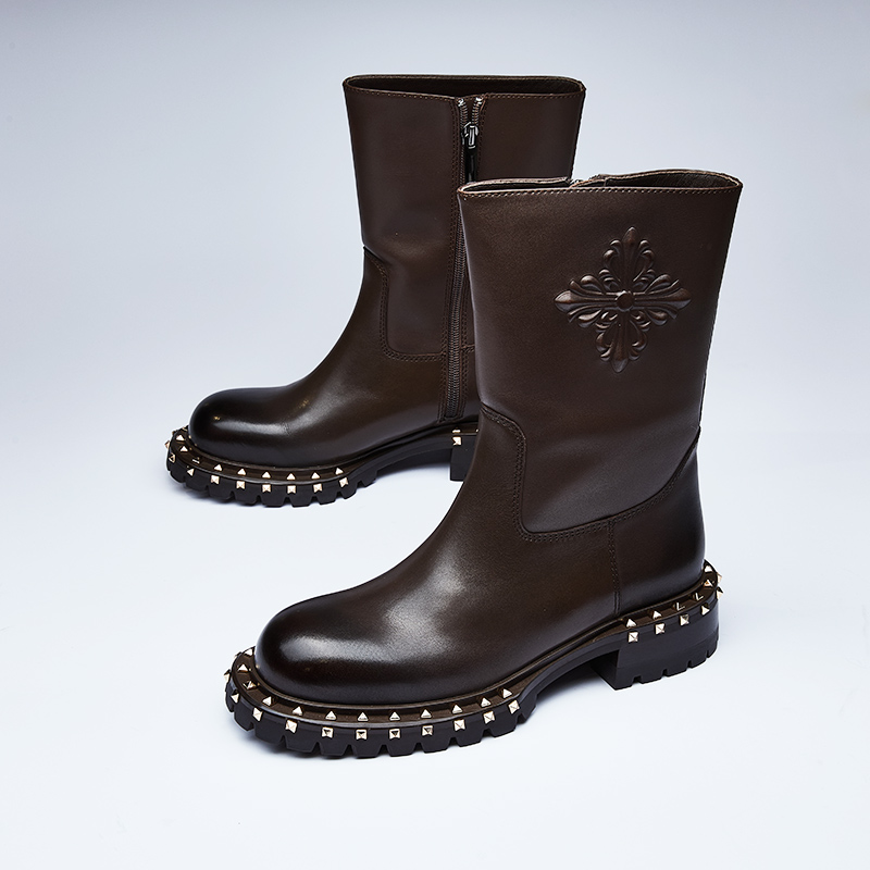 龙足潮酷铆钉厚底烟筒靴2023秋冬朋克机车风侧拉链短靴中性时装靴 - 图0