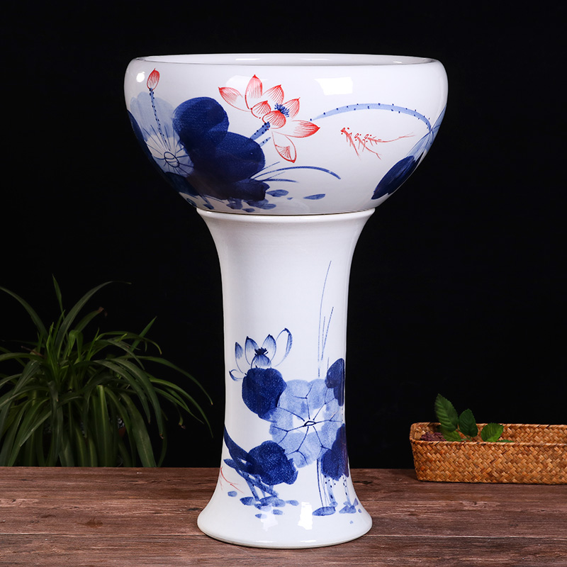 陶瓷落地立柱式鱼缸碗莲睡莲盆大号养鱼盆乌龟荷花缸家用造景摆件 - 图1