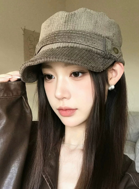 秋冬复古灯芯绒马术帽保暖显脸小