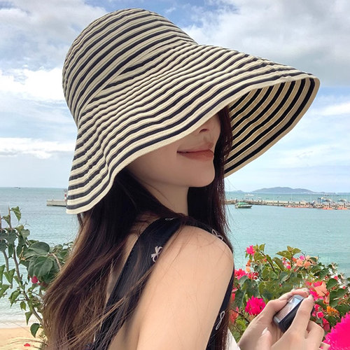 胶片日记法式复古遮阳帽子女春夏季大檐显脸小防晒气质条纹渔夫帽 - 图2