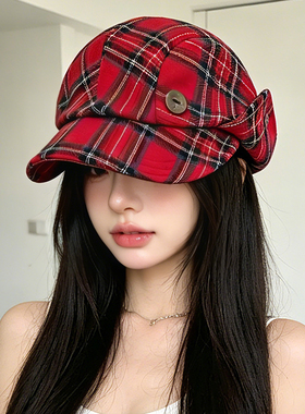 红格子学院风夏季女渔夫帽显脸小