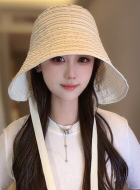 春夏大头围女大檐格纹防晒渔夫帽