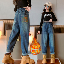 Girl Jeans Winter Clothing 2023 New Plus Suede Children Loose Foreign Gas Old Daddy Pants Big Boy 100 Hitch Pants