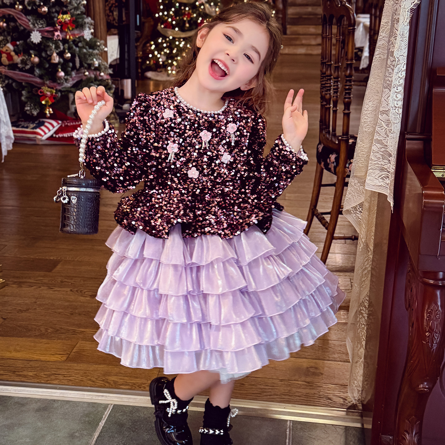 米米哈罗女童公主裙冬装2025新款儿童加绒连衣裙女孩轻奢生日礼服,淘宝优惠券,粉丝福利购,淘宝优惠卷