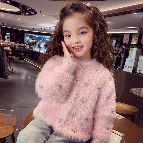 女童仿水貂绒毛衣冬装2025新款儿童圆领针织上衣女孩慵懒外穿开衫 - 图1