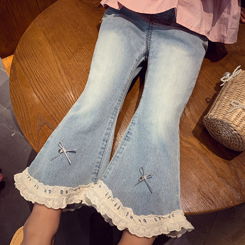 女童牛仔裤夏装2025新款时尚儿童高腰显瘦九分裤小女孩弹力喇叭裤 - 图1