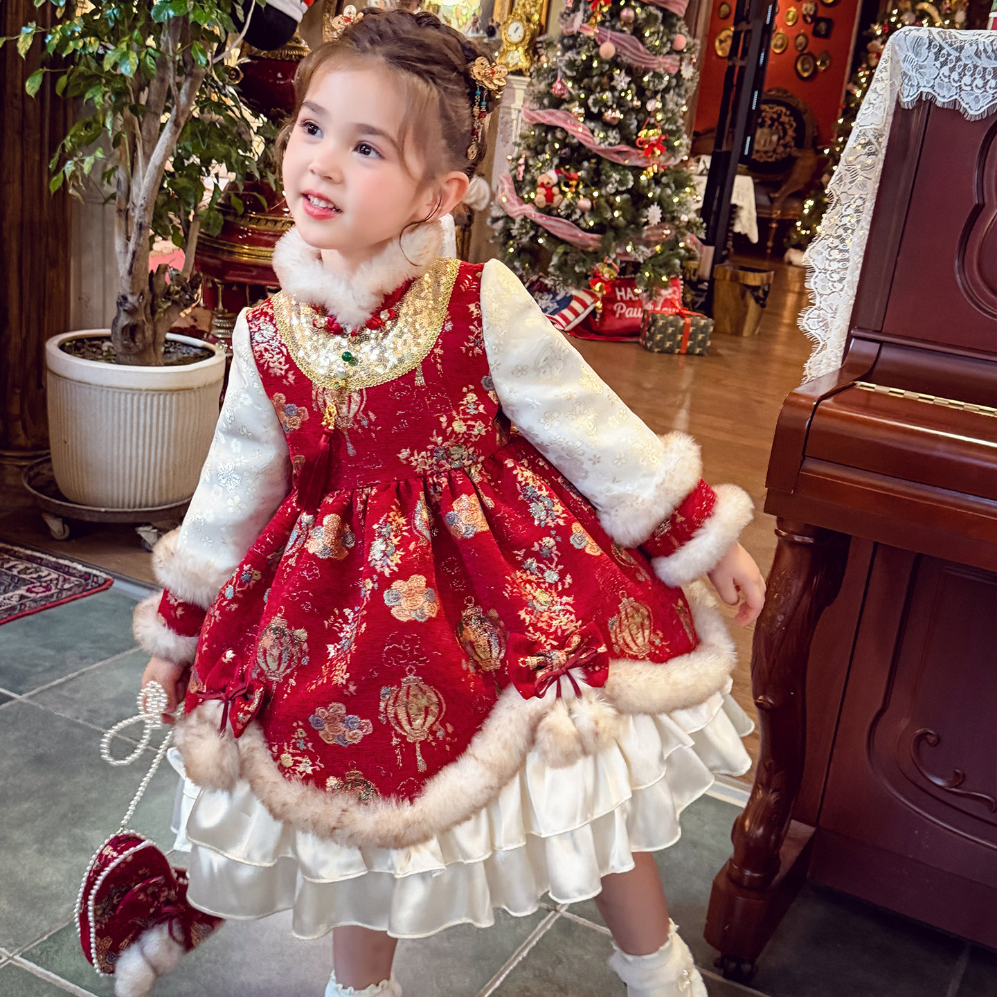 米米哈罗女童旗袍公主裙冬2026新款儿童国风加绒连衣裙女孩新年装,淘宝优惠券,粉丝福利购,淘宝优惠卷