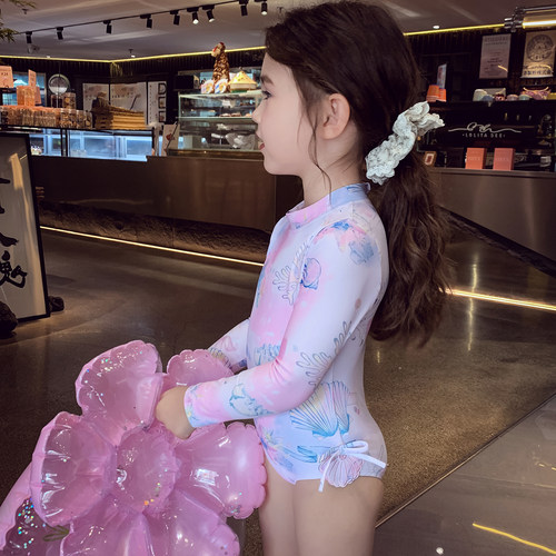 女童泳衣女孩连体三角高级感游泳衣夏季2025新款儿童长袖速干泳装 - 图1