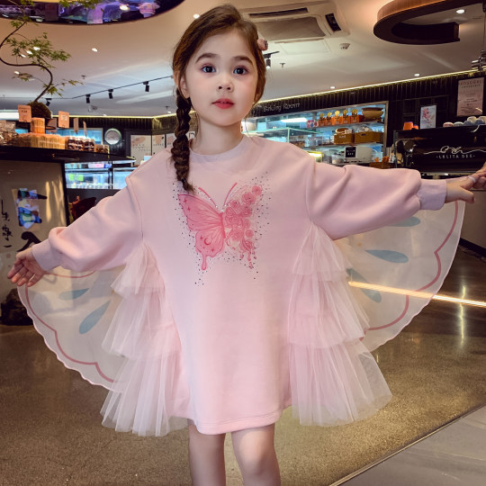 米米哈罗女童连衣裙秋装2025新款儿童卫衣裙小女孩拼接网纱公主裙