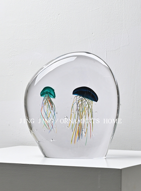 简约当代双头水母透明琉璃摆件入户玄关餐边柜客厅茶几装饰品招财