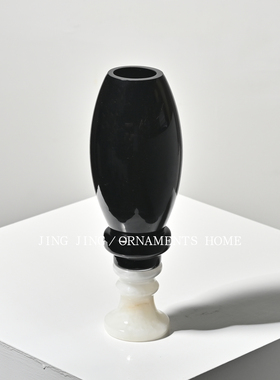 简约黑色拼接玉石底座花瓶亮面手工玻璃复古轻奢桌面艺术花器摆件