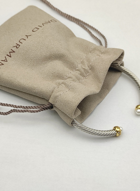 David Yurman大卫雅曼银款两端珍珠镶钻钢丝绳开口手镯DY手环4MM