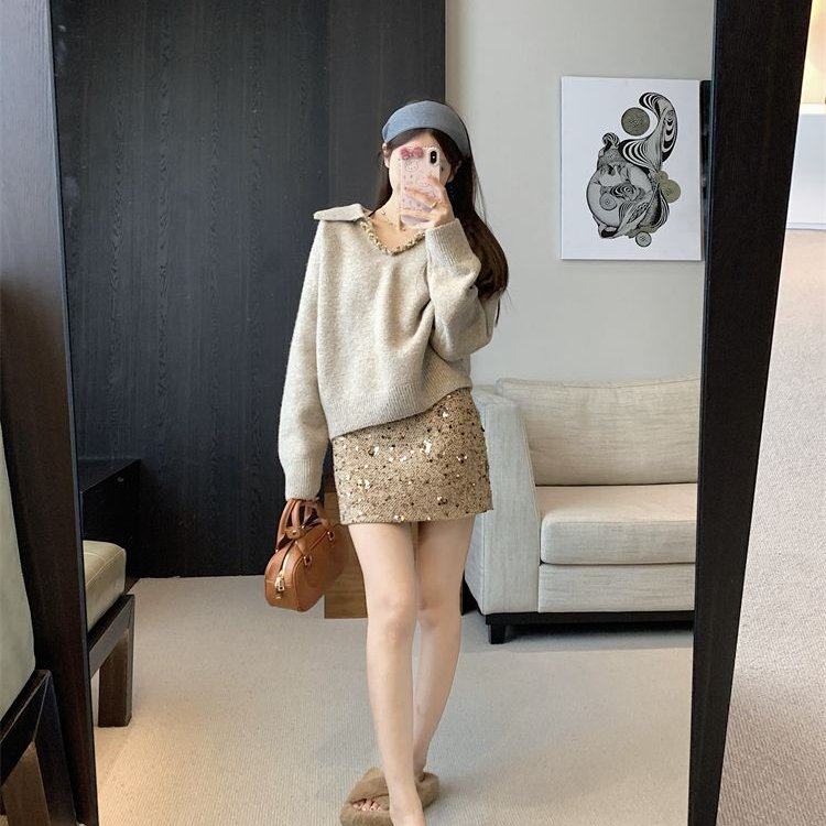 2025新款大码时尚套装女重工编织翻领毛衣亮片包臀半身裙两件套,淘宝优惠券,粉丝福利购,淘宝优惠卷