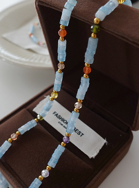 天然石颈链2024年新款项链女小众海蓝色宝石手链清新高级感锁骨链